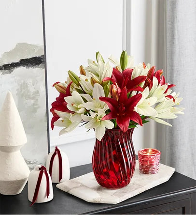 Holiday Lilies in Red Vase and Chocolates
