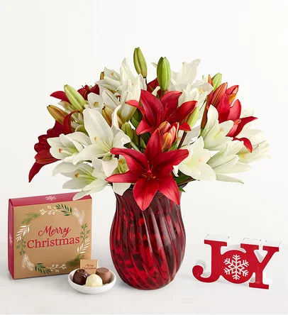 Holiday Lilies in Red Vase and Chocolates